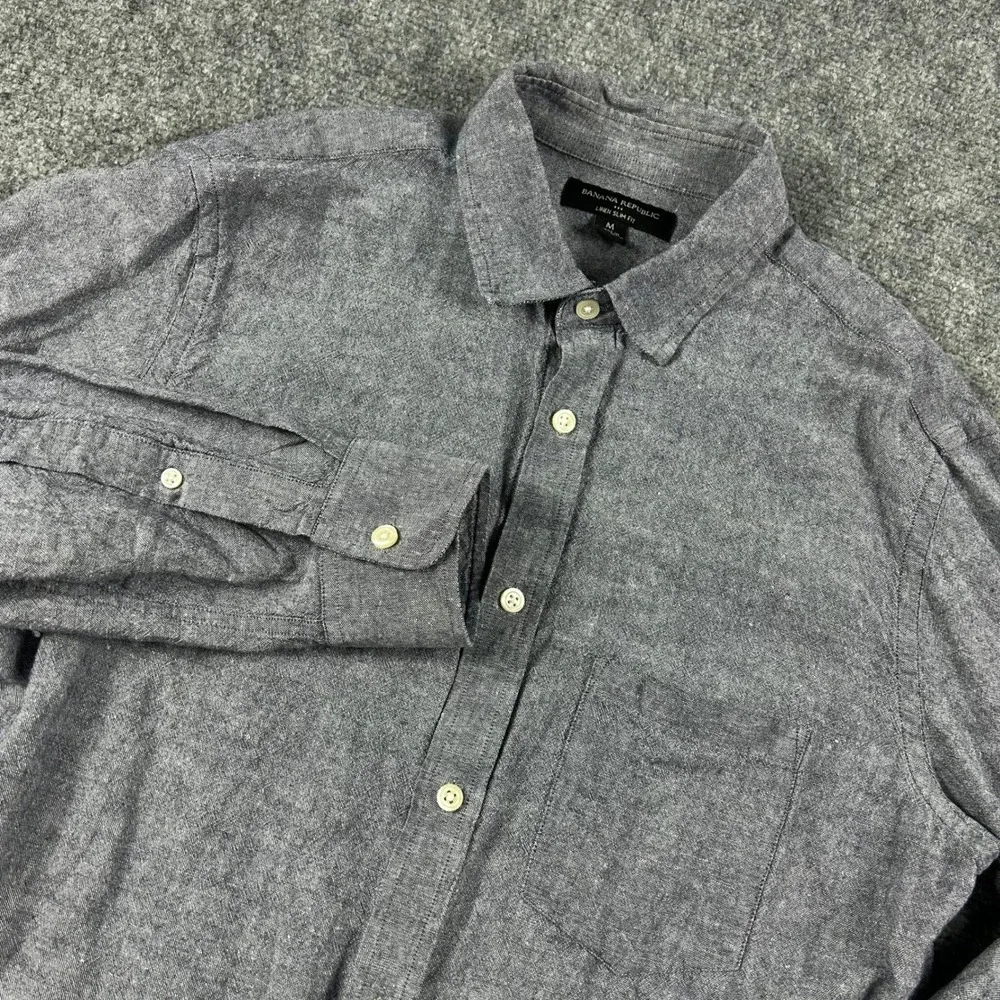 Banana Republic Button Down Mens M Grey Linen Slim Fit Long Sleeve Casual Shirt